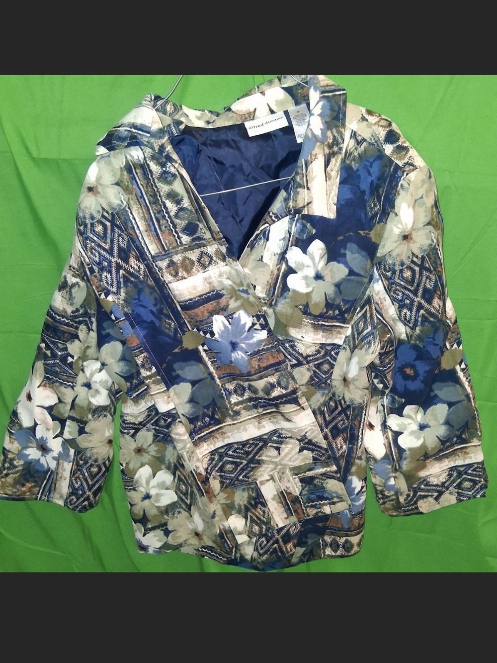 Alfred Dunner Blue Floral Wrap-Style Vintage Bomber Jacket Womens Size 16